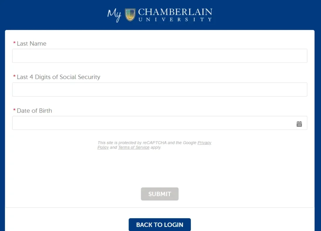 Forgot Username Screen for Chamberlain Student Portal